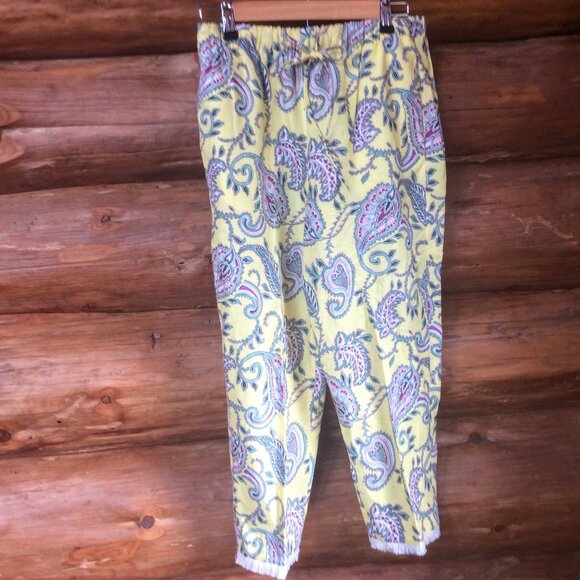 Zara Yellow Linen Blend Paisley Lounge Cropped High Rise Trousers Size Medium - Picture 1 of 4